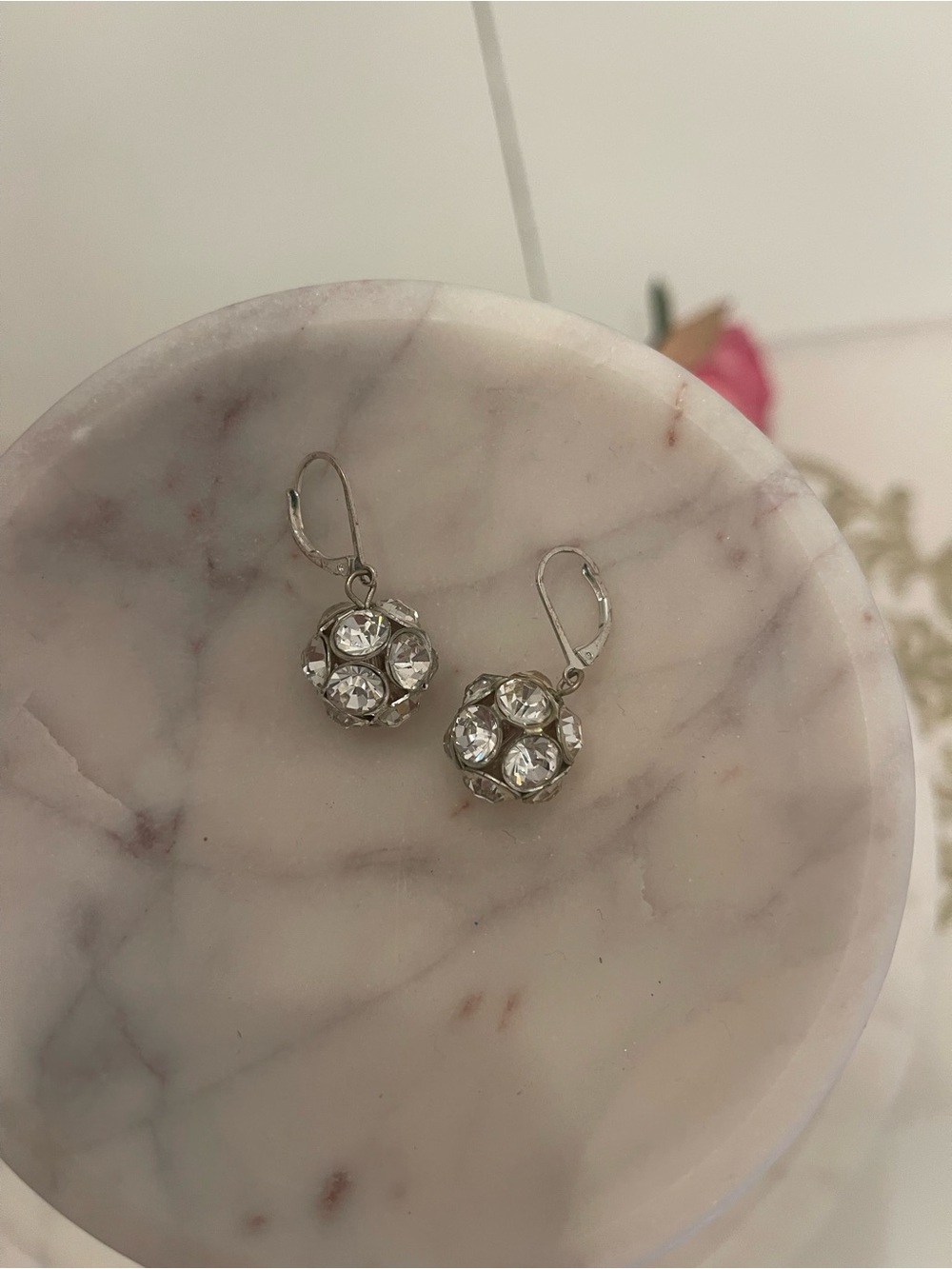 Silver Crystal Rhinestone Disco Ball Drop Earrings - Clear